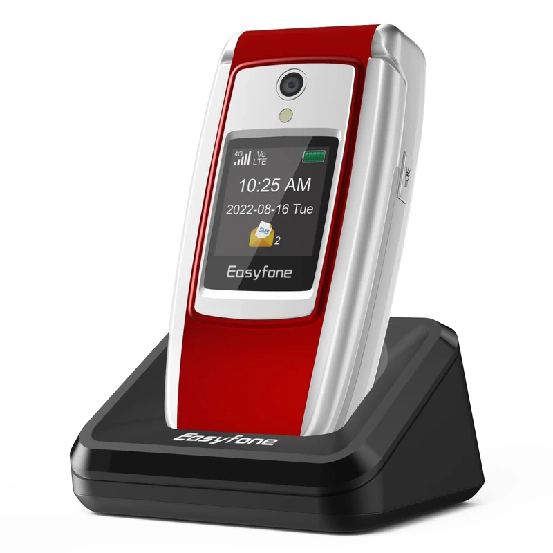 Easyfone T300 4G SIM-Free Flip Mobile Phone for Seniors, 2.4'' HD Display, Big Buttons, Clear Sound, SOS Button, 1500mAh Battery with a Charging Dock (Red)