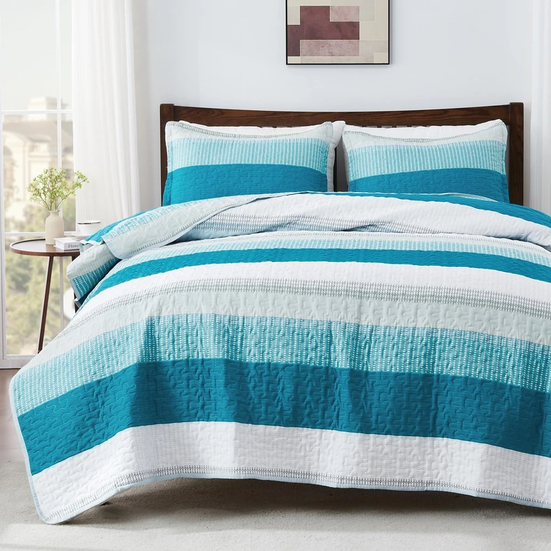 Andency Queen Quilt Set Teal White, 3 Pieces Striped Bedspread