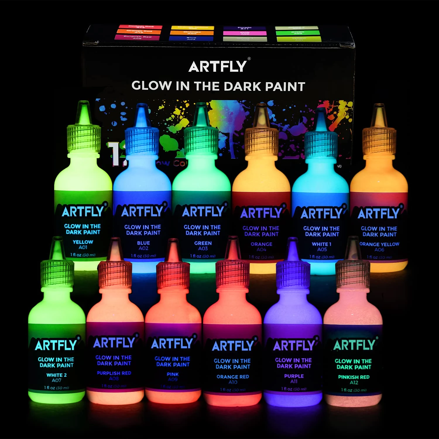 ARTFLY Glow in The Dark Paint Set of 12 Bright Colors 30ml/1oz, Acrylic Glow Paint Perfect for Art Painting, DIY Projects, Halloween and Christmas Decorations, Rich Pigments