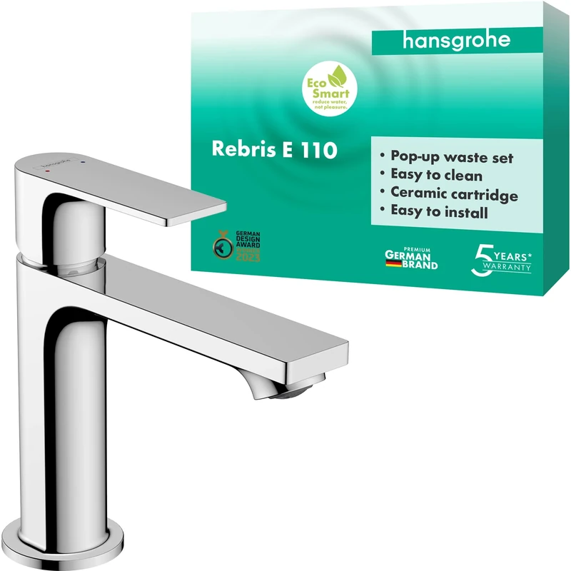 Hansgrohe Rebris E Basin Mixer Tap 110 with Pop-Up Waste Set, Chrome, 72557000