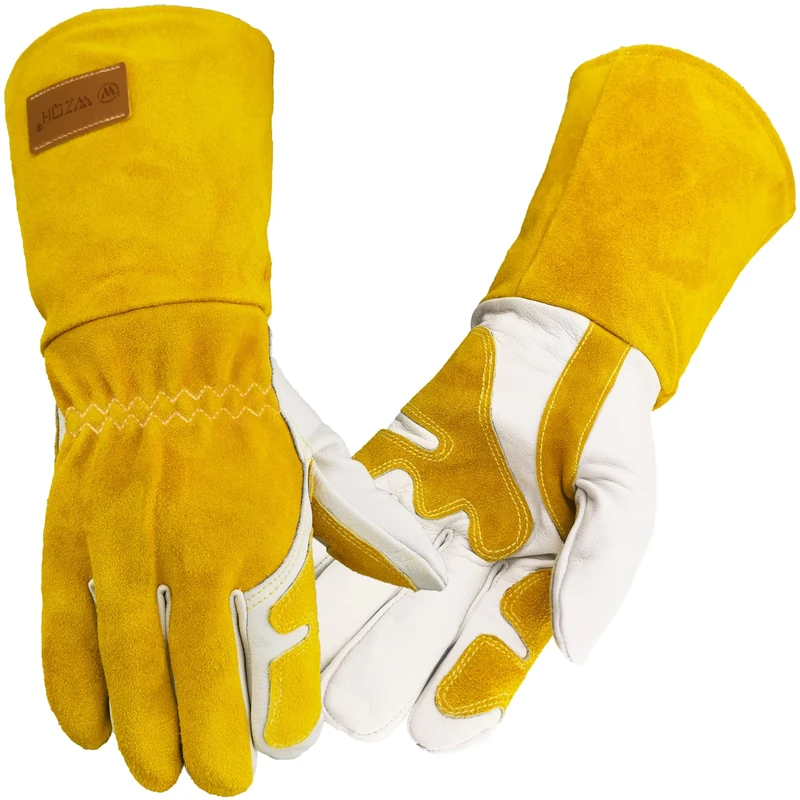 WZQH Professional MIG/TIG Welding Gloves extra Large, Reinforced Palm & Thumb & Index Finger, Seamless Forefinger, Top Grain Leather Cowhide, Comfort and Flexible, 14 IN, Yellow-white, M