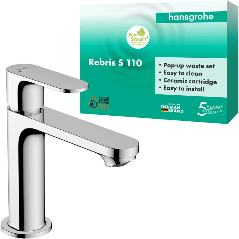 Hansgrohe Rebris S Basin Mixer Tap 110 with Pop-Up Waste Set, Chrome, 72517000