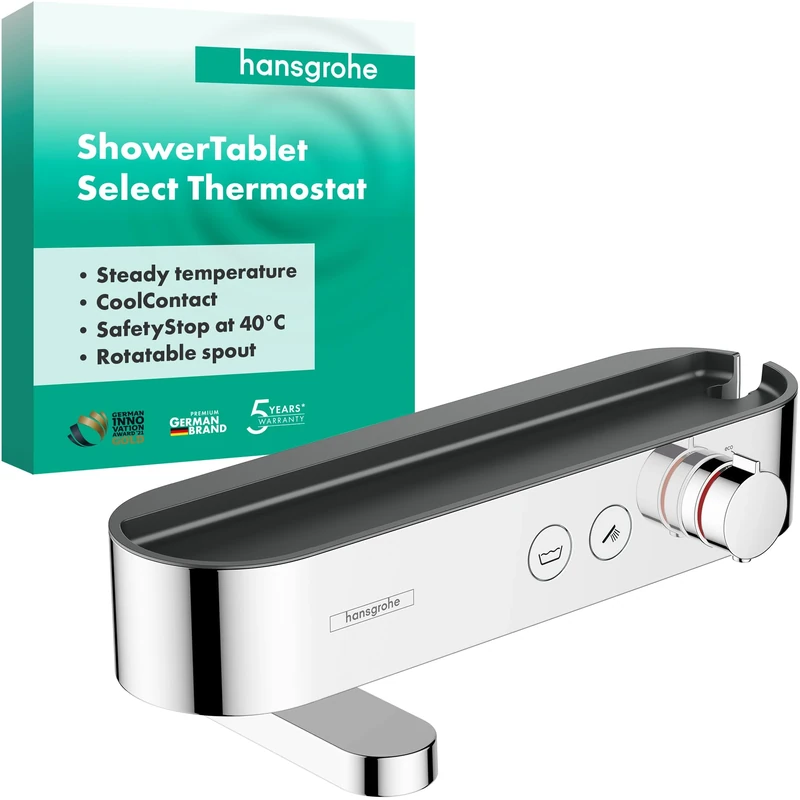 hansgrohe ShowerTablet Select - bath thermostat exposed, bath tap with safety stop at 40 °C, thermostat for bath tubs, mixer tap for 2 functions, chrome, 24340000