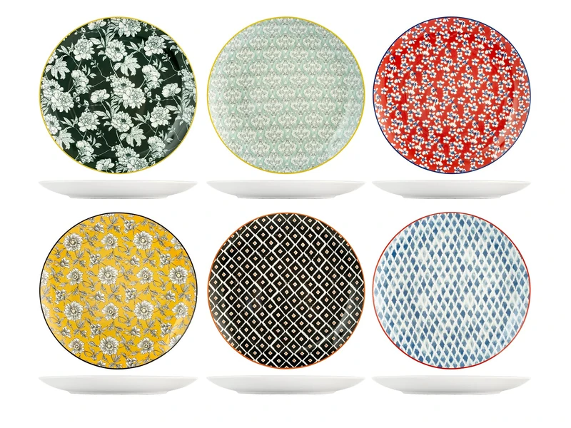 H&H 8045601 Colourful Set of 6 Porcelain Dinner Plates, 27 cm, Assorted Designs and Colours, Modern and Elegant