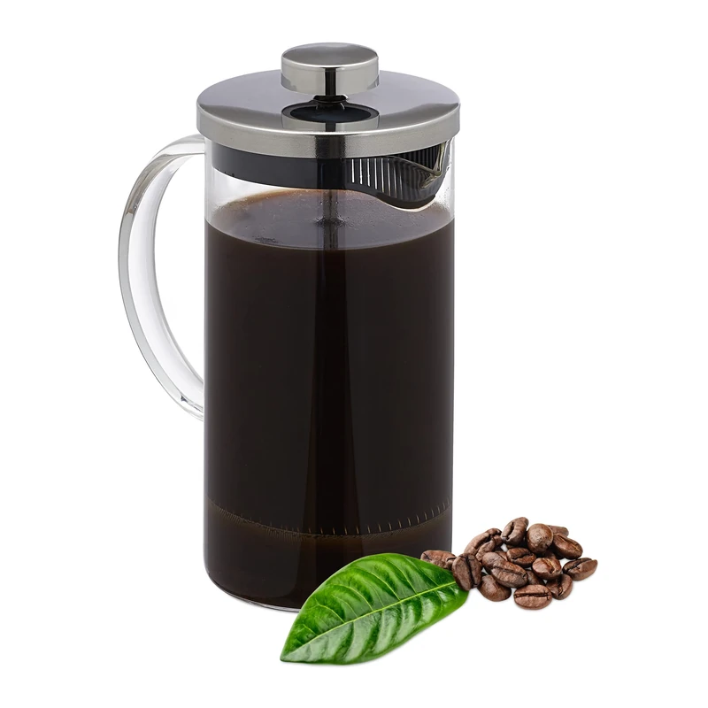 Relaxdays Coffee Maker, Manual Press Pot, Strainer Insert, 600 ml, Glass & Stainless Steel, Transparent/Silver