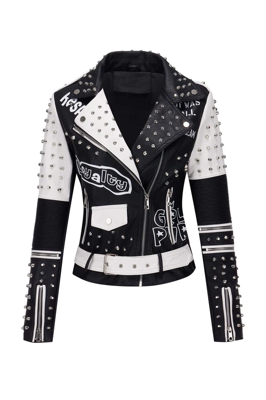RISISSIDA Women Faux Leather Jacket Studded Rivet Spring Fall Winter Fashion, Moto Biker Trendy Clothes Streetwear Belted, 76 Black-white, L
