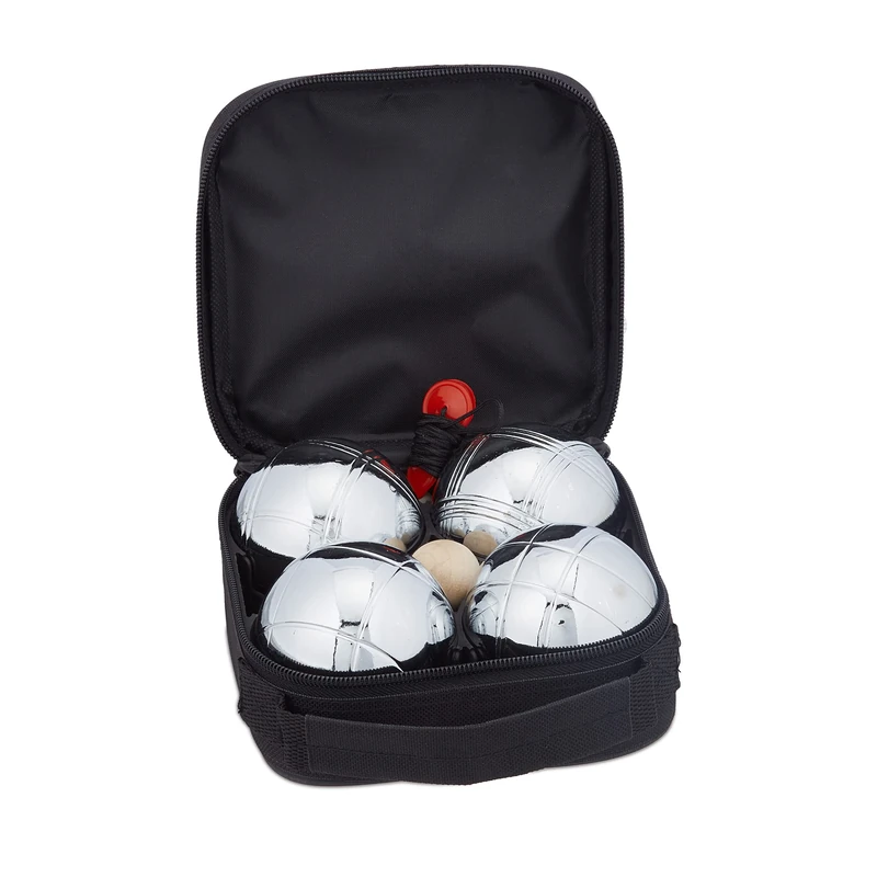 Relaxdays Boule Set, 4 Metal Balls, Includes Jackball & Measuring Tool, Canvas Bag, Bocce Game, Silver/Black