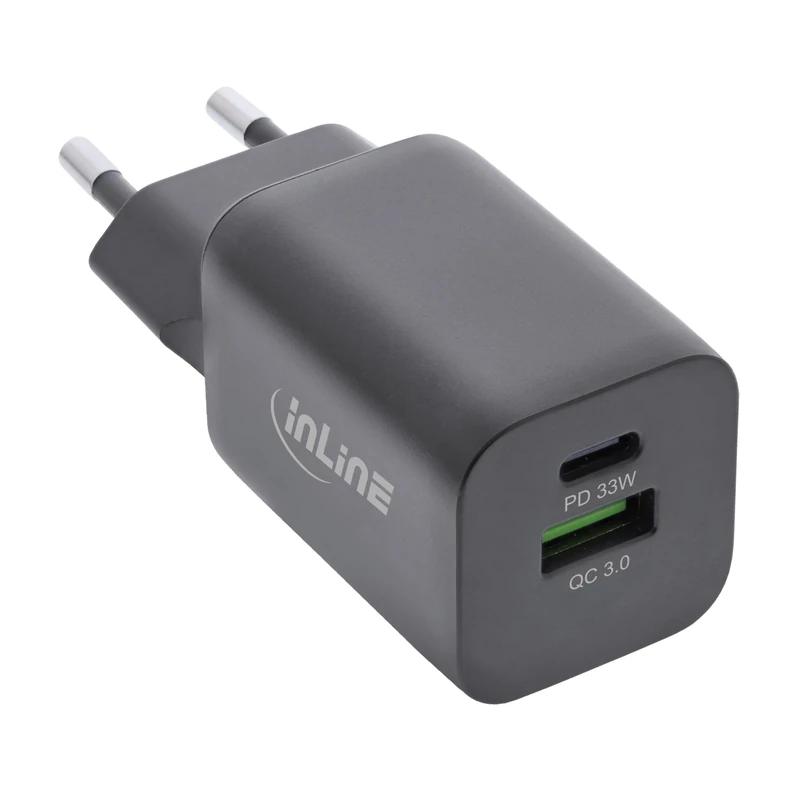 InLine® USB Power Supply, Fast Phone Charger, USB-A + USB Type-C, 33 W, Power Delivery + Quick Charge, Black