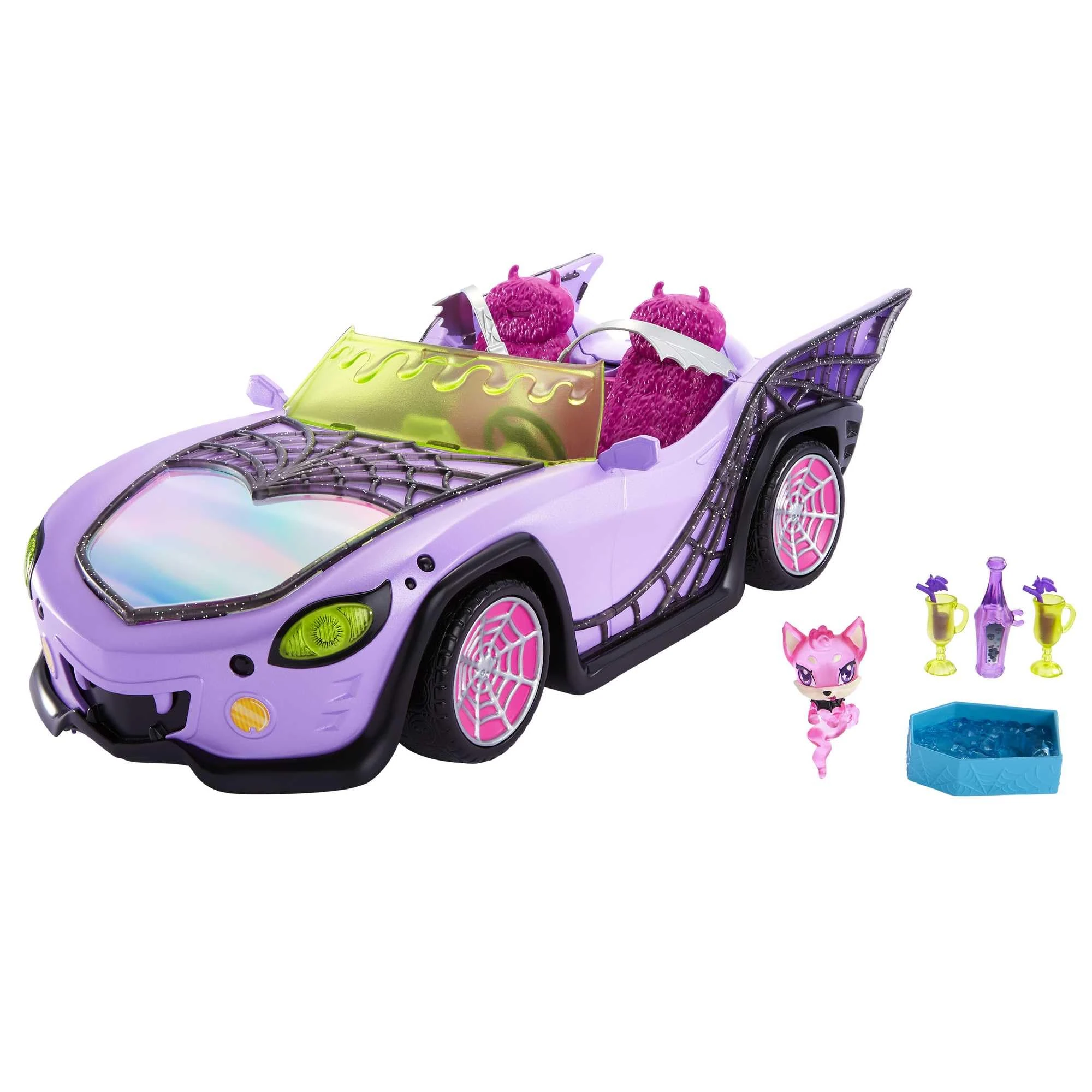 Monster High Toy Car, Ghoul Mobile with Pet and Cooler Accessories, Purple Convertible with Spiderweb Details