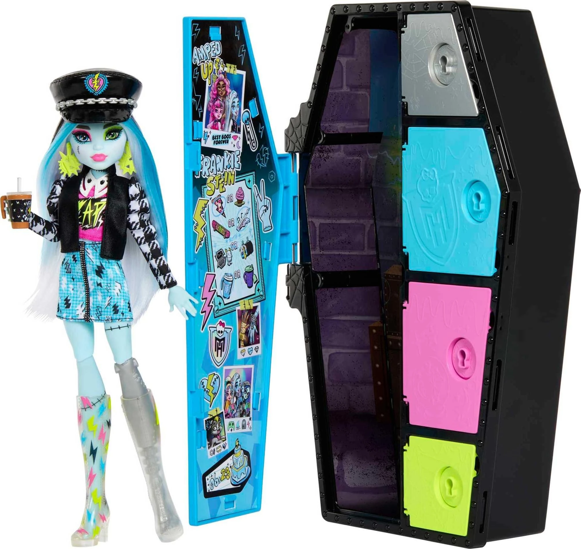 Monster High Doll and Fashion Set, Frankie Stein with Dress-Up Locker and 19+ Surprises, Skulltimate Secrets, HKY62