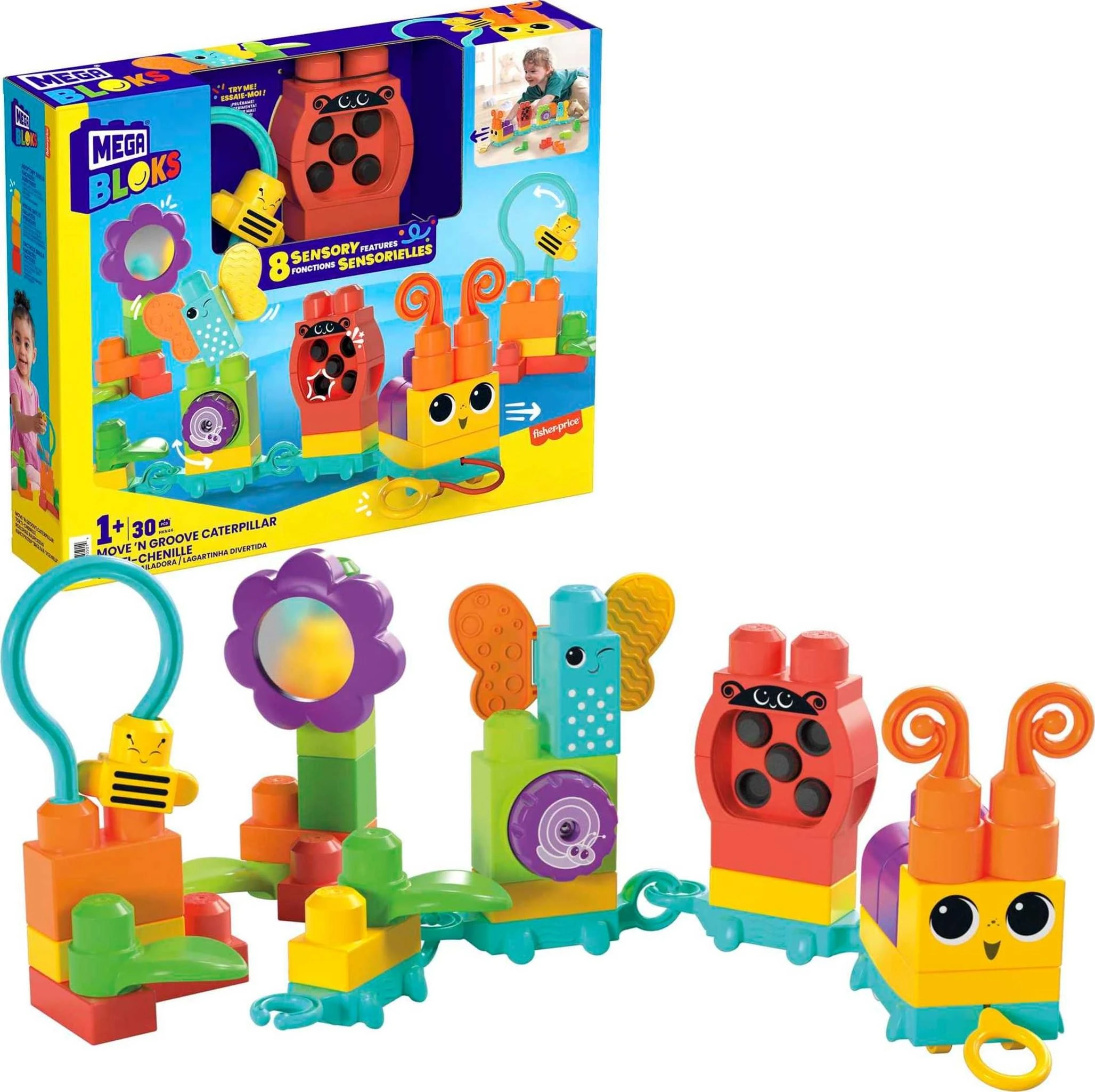 MEGA BLOKS Fisher-Price Sensory Building Blocks Toy, Move n Groove Caterpillar Train with 30 Pieces and Pull String, Toddlers Age 1+ Years, HKN44
