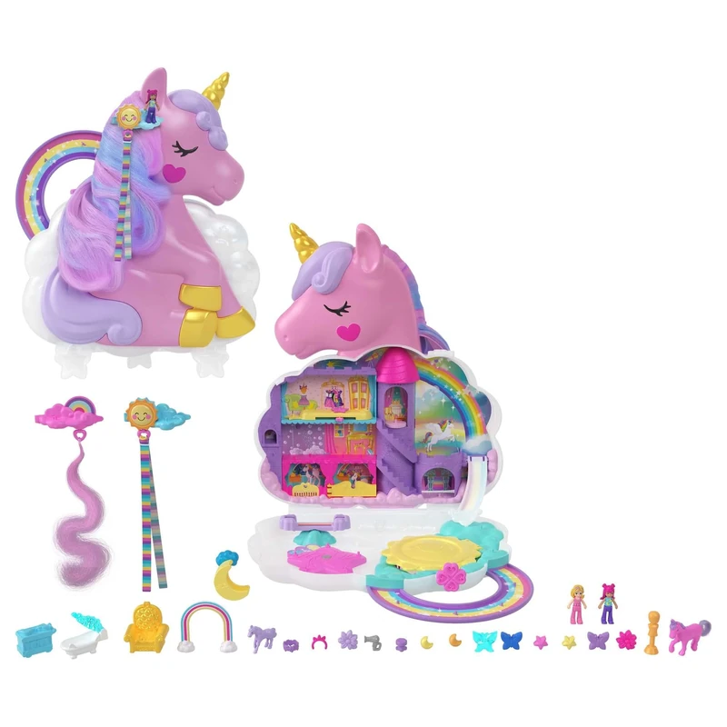 Polly Pocket Mini Toys, Rainbow Unicorn Salon Styling Head and Playset with 2 Micro Dolls, 20+ Accessories and Moving Features, HMX18