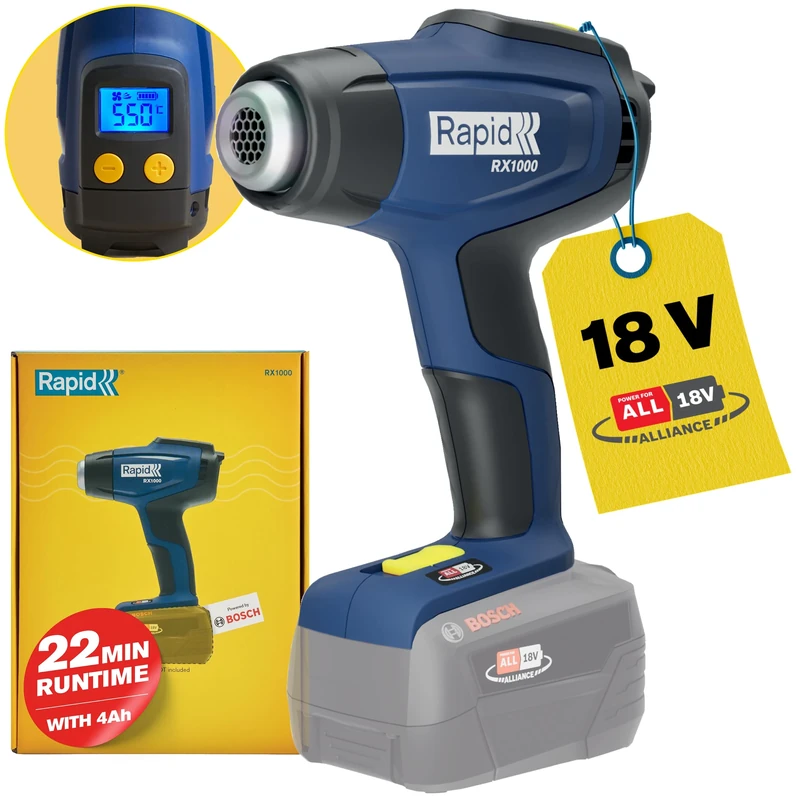 RAPID Cordless Heat Gun RX1000 - Battery Powered Hot Air Gun with Adjustable Heat, Up to 550°C, 18V System LCD Display, Quick Heat-Up, and Safe Nozzle Removal (Battery Not Included) (5001513)