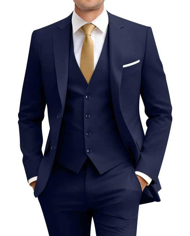 Amyox Men's Slim Fit 3 Piece Suit Two Button Business Wedding Dress Tux Suit Set Jacket Vest Pants with Tie, Navy, Large - Image 1