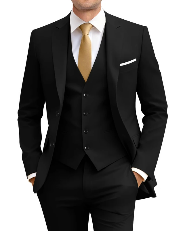 Amyox Men's Slim Fit 3 Piece Suit Two Button Business Wedding Dress Tux Suit Set Jacket Vest Pants with Tie, Black, Medium