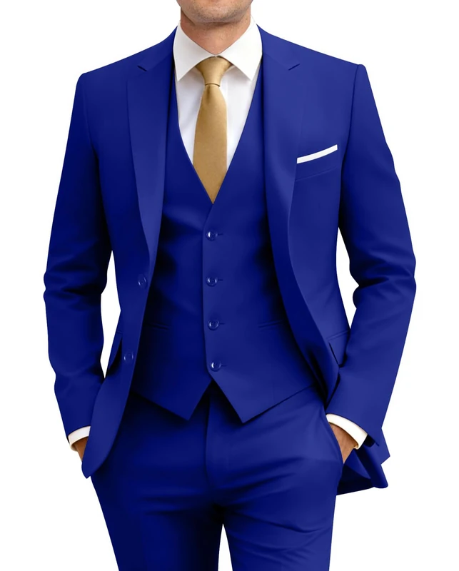 Amyox Men's Slim Fit 3 Piece Suit Two Button Business Wedding Dress Tux Suit Set Jacket Vest Pants with Tie, Royal Blue, X-Small