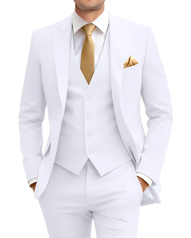 Amyox Men's Slim Fit 3 Piece Suit Two Button Business Wedding Dress Tux Suit Set Jacket Vest Pants with Tie, White, X-Large