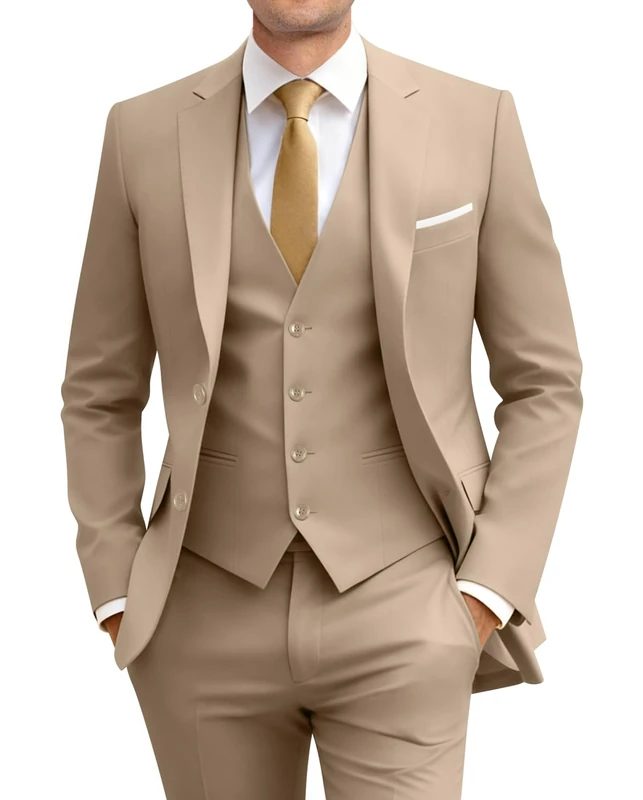Amyox Men's Slim Fit 3 Piece Suit Two Button Business Wedding Dress Tux Suit Set Jacket Vest Pants with Tie, Champagne, Large