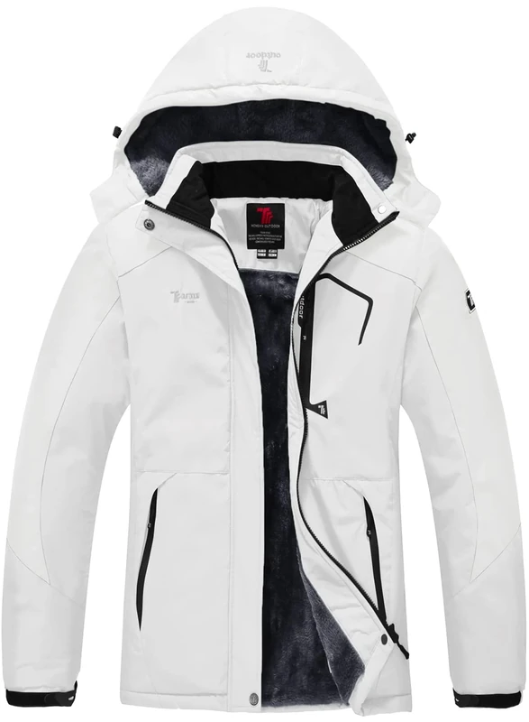 donhobo Womens Waterproof Jacket Winter Warm Fleece with Hood Windproof Camping Hiking Coat(White,S)