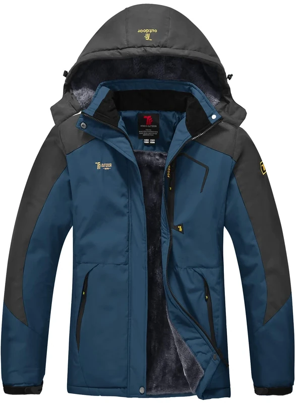 donhobo Womens Waterproof Jacket Winter Warm Fleece with Hood Windproof Camping Hiking Coat(Denim Blue,L)