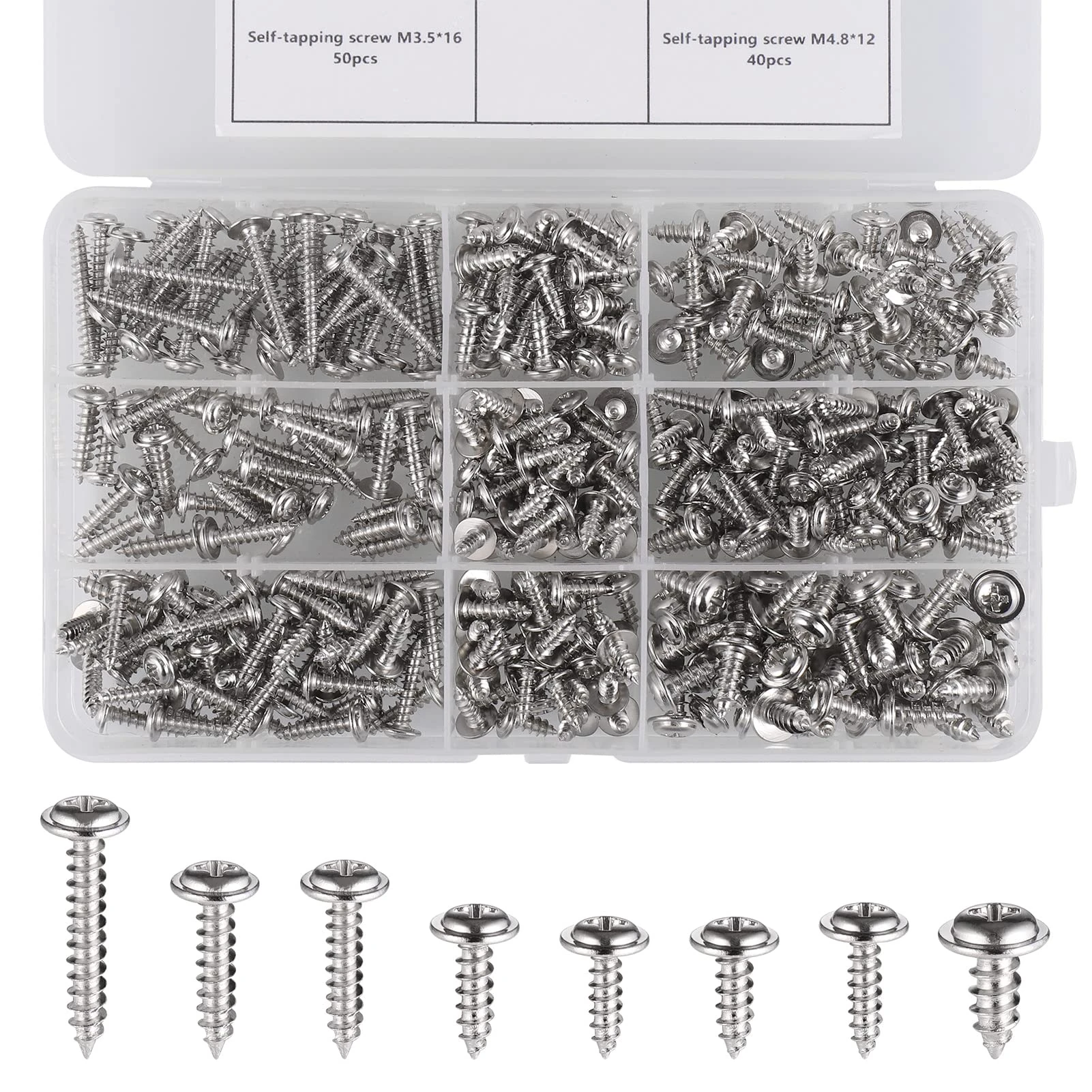 350 Pcs Self Tapping Wood Screws, Rust-Proof Nickel Plated Metal Pan Head with Storage Box for Repairment Fixing - 8 Sizes, Silvery