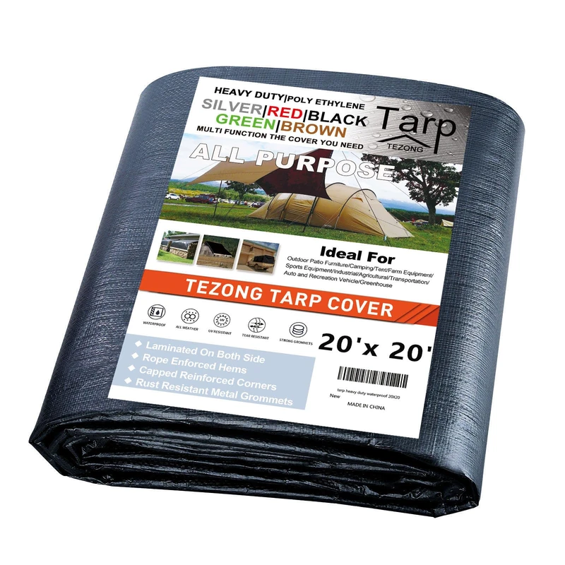 Tarps Heavy Duty Waterproof 20x20ft,Black Plastic Tarps 12Mil Multipurpose Outdoor Tarp Cover Poly Tarpaulin for Emergency Rain or Sun, Roof, Patio Furniture, Firewood, Canopy