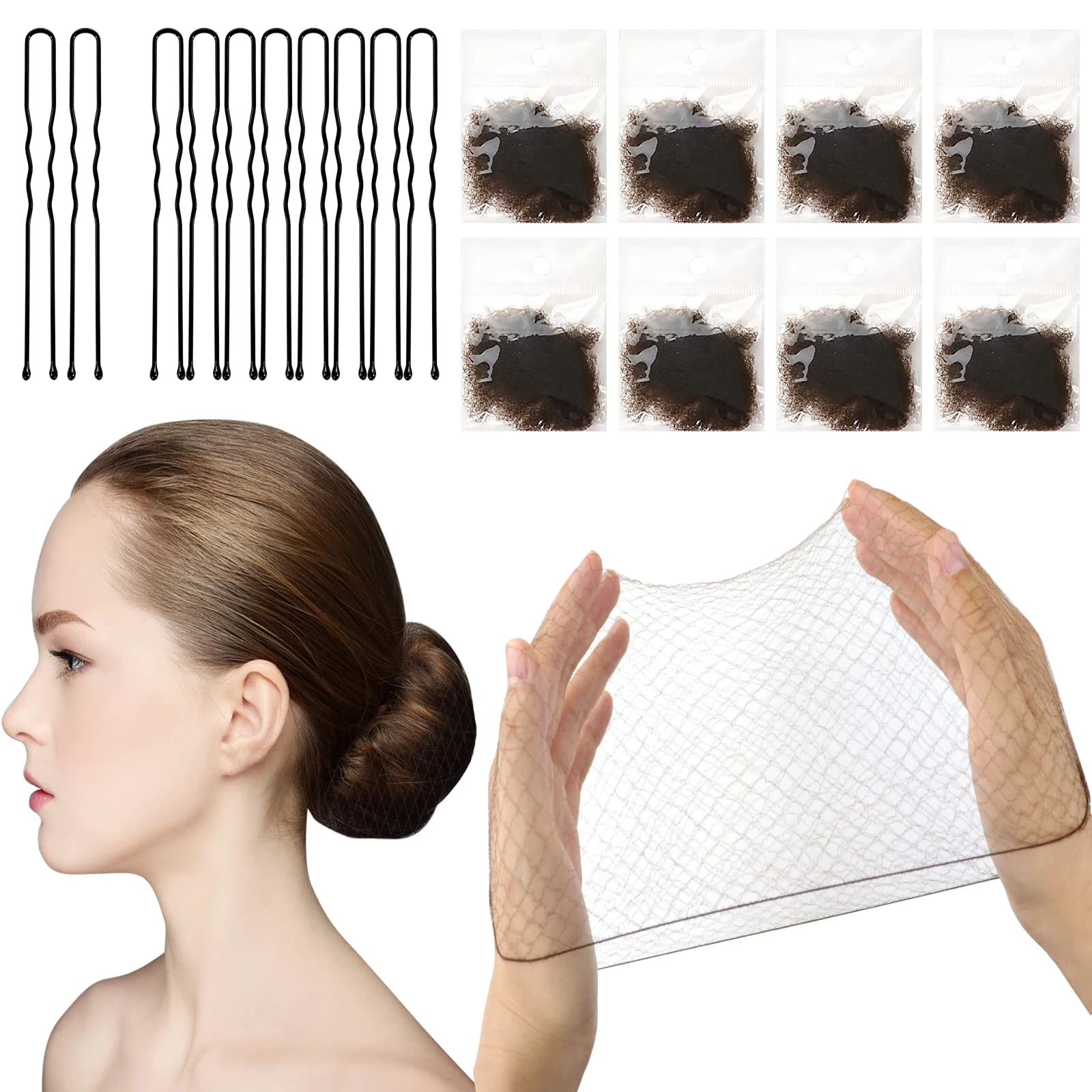 Sularpek Hair Nets, 24PCS Invisible Bun Nets, 50cm/20inch Elastic Edge Mesh, Hair Nets for Women, with 10PCS U Shaped Hair Pins (Coffee)