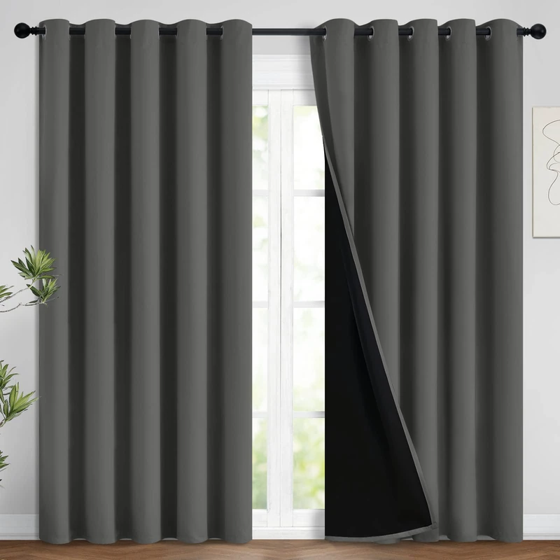 Yakamok Total Blackout Curtains, 2 Thick Layers Completely Blackout Soild Thermal Insulated Drapes with Black Liner for Bedroom(62Wx84L, Dark Grey, 2 Panels) (PART-YBWGS156284)
