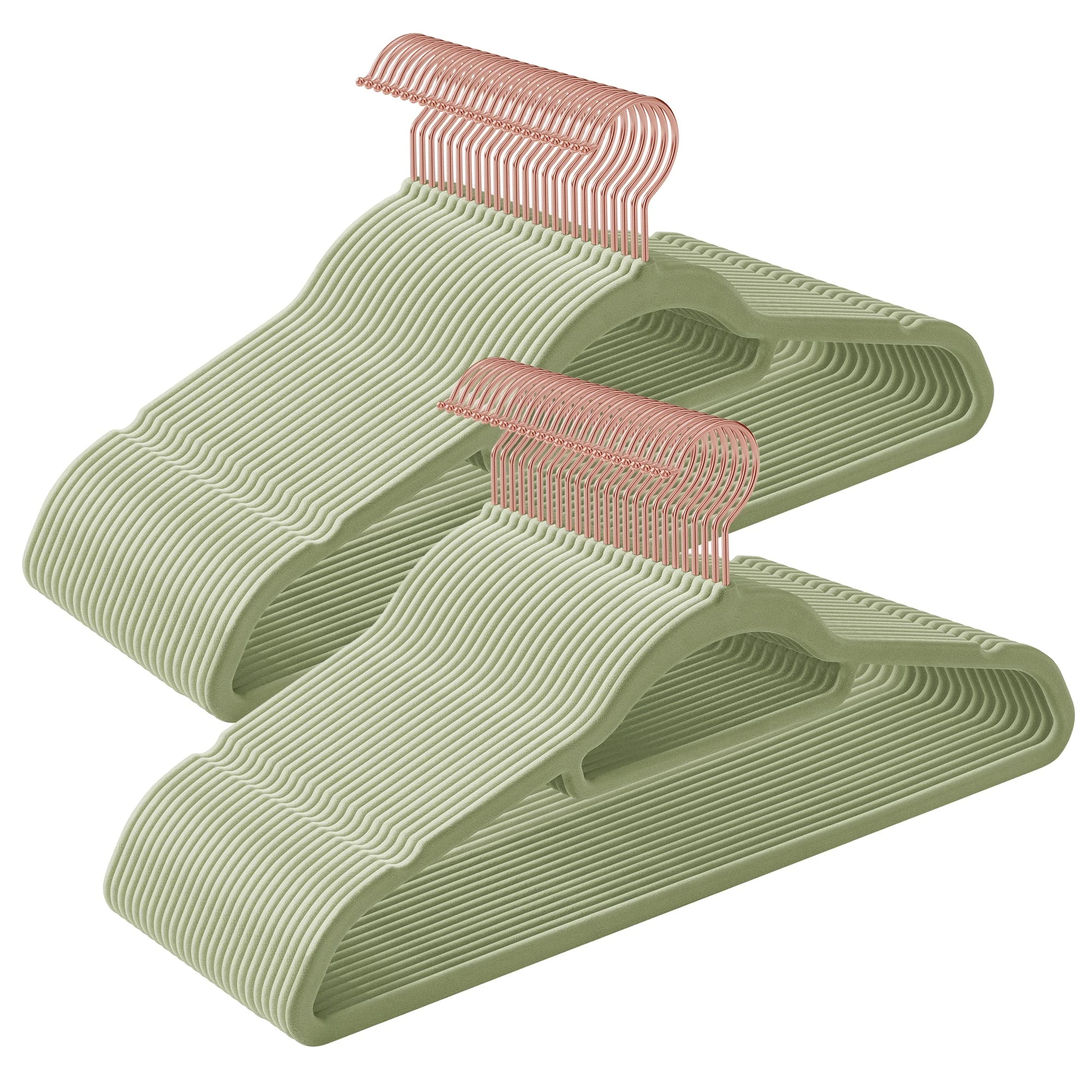SONGMICS Velvet Hangers, Set of 50 Clothes Coat Hangers, Non-Slip, with Tie Bar and 360° Swivel Hook, Space-Saving, 43.5 cm Long, for Dresses Trousers, Rose Gold and Lime Green CRF021GR50