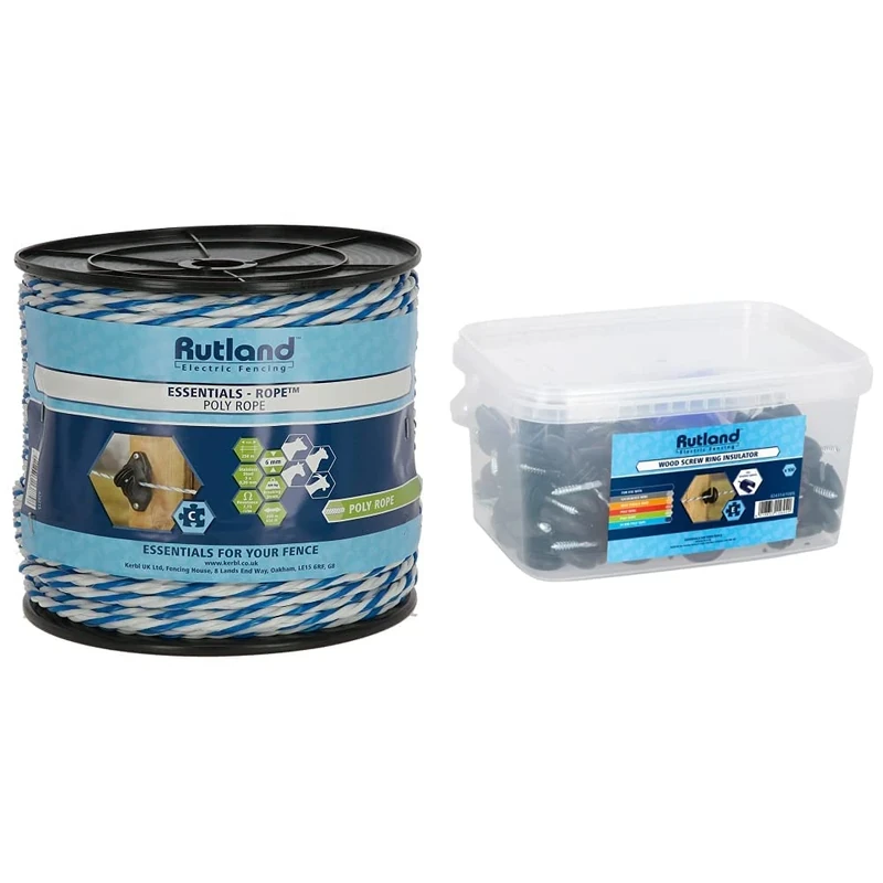 Rutland Essentials Poly Rope (200m) & Essentials Wood Screw Ring Insulator (100) inc. Insulator Spinner - Image 1