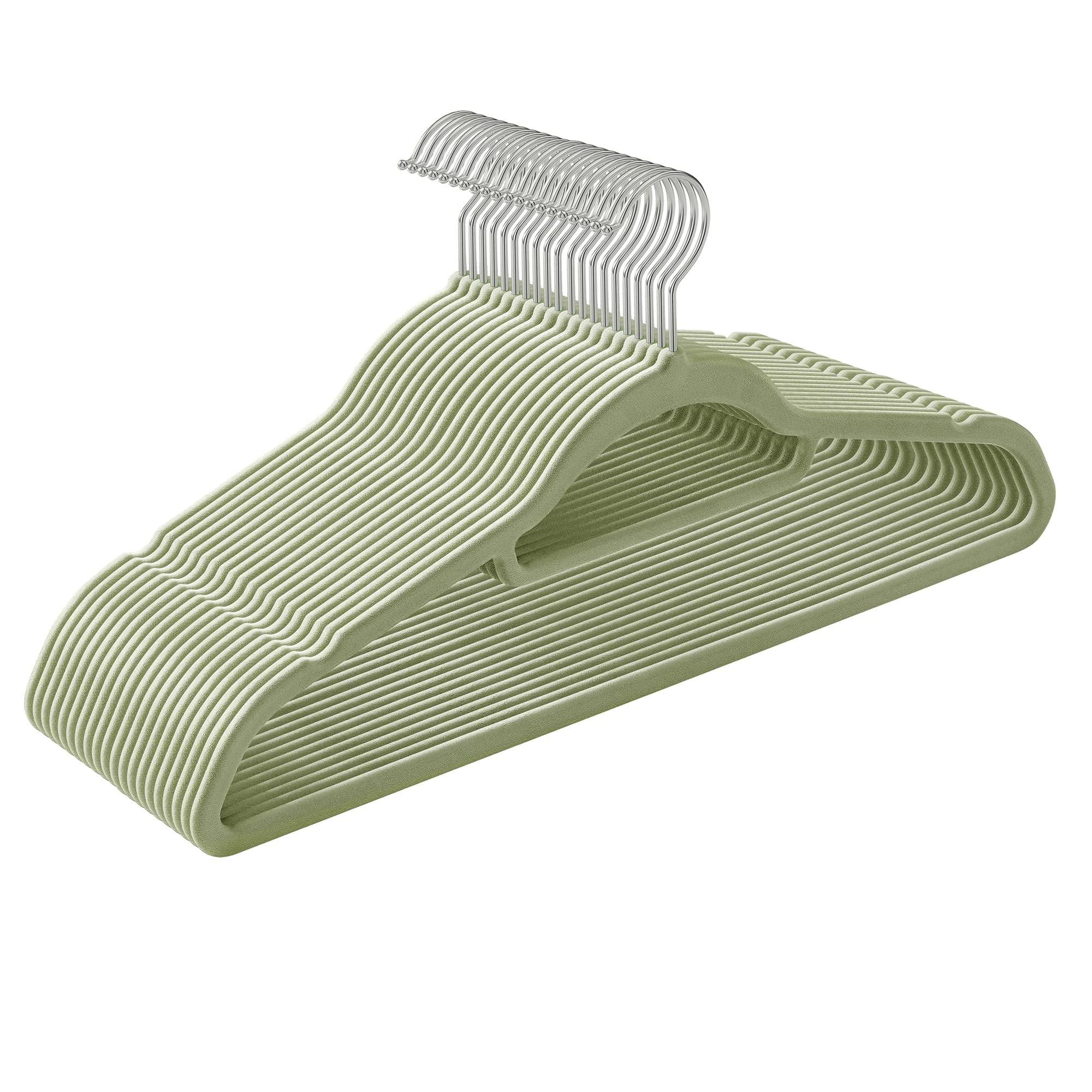 SONGMICS Velvet Hangers, Set of 20 Clothes Coat Hangers, Non-Slip, with Tie Bar and 360° Swivel Hook, Space-Saving, 0.6 cm Thick, 43.5 cm Long, for Dresses Trousers, Pale Green CRF020GR20