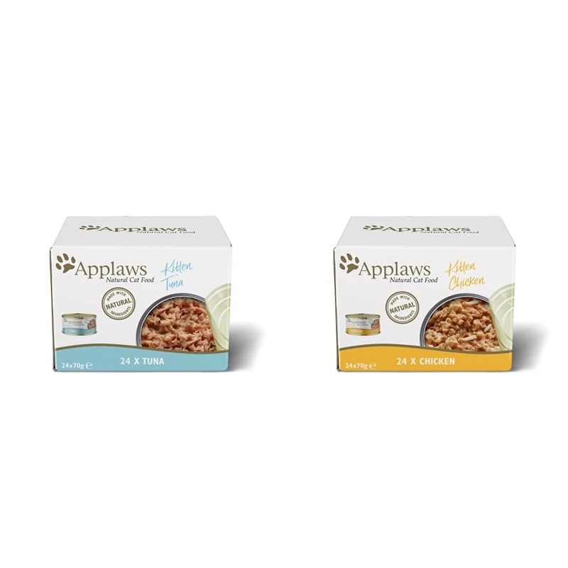 Applaws Natural Wet Cat Food, Kitten Tuna Multipack in Jelly 70 g Tin - 4x 4x6 (Total 24 Tins) & Natural Wet Cat Food, Kitten Chicken Multipack in Jelly 70 g Tin - 4x (6 x 70g) Tins