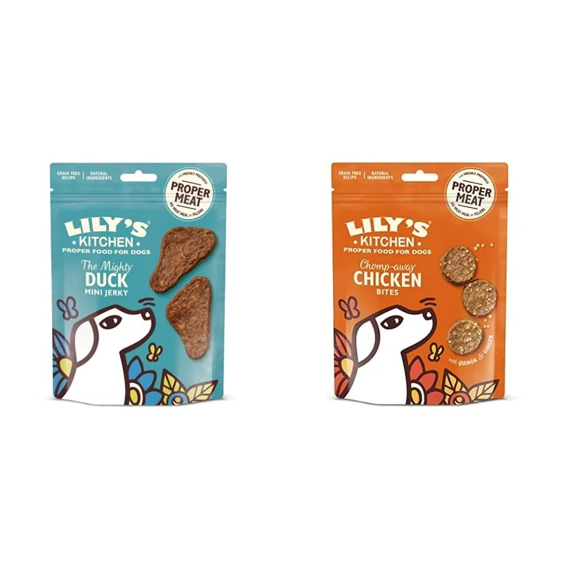 Lily's Kitchen The Mighty Duck Mini Jerky Dog Treat (8 x 70 g) & Dog Treats Chomp-Away Chicken Bites (8 x 70 g)
