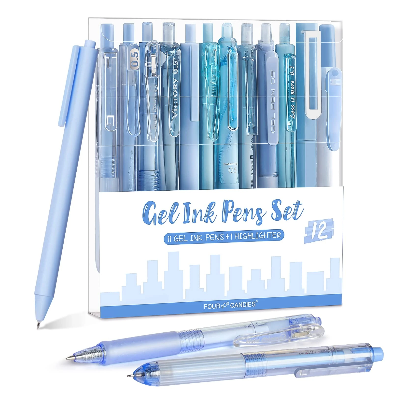 Four Candies Gel Pen Set, Cute Writing Pens with 0.5mm Fine Tip, Black & Blue Ink Pens with Highlighter, Aesthetic Stationery Supplies for School, Office, Pack of 12 - Ocean Series