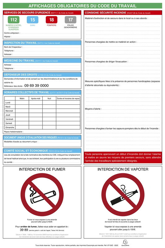 Exacompta - Ref. 67130E - 1 laminated labour code mandatory display panel - Panel size: 40 x 60 cm - Image 1