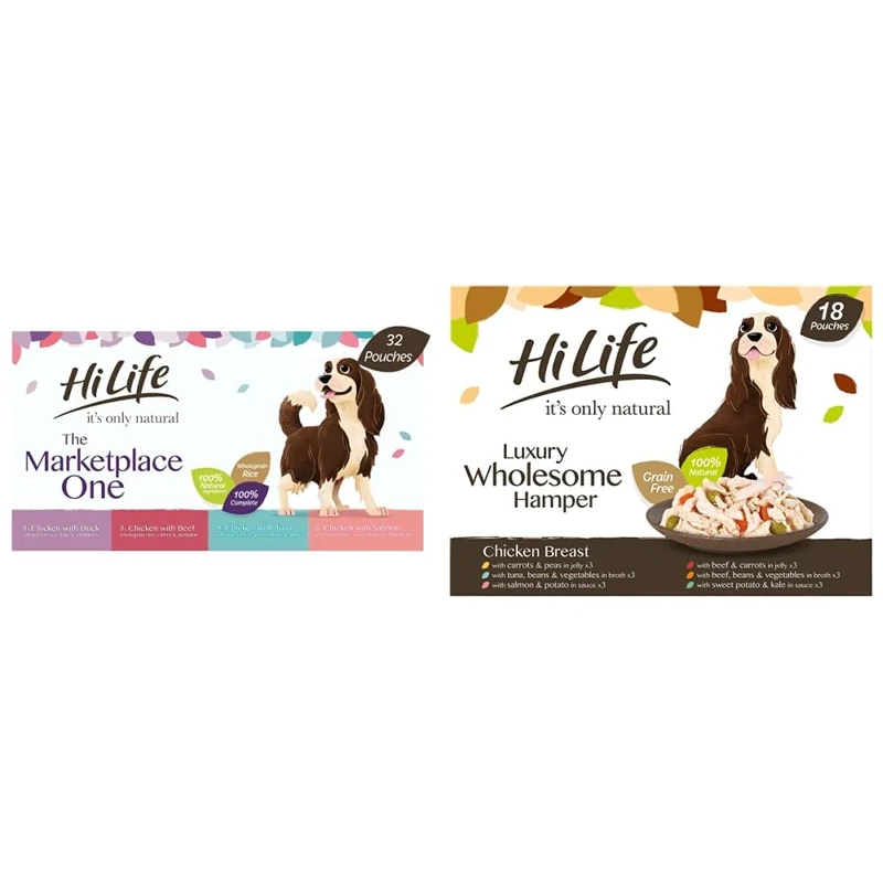 HiLife it's only natural - Complete Wet Dog Food - Multipack, 32 Pouches x 150g & The Luxury Wholesome Hamper with Chicken Breast, Tuna, Salmon, Beef, Vegetables, Multipack of 36 Pouches x 100g
