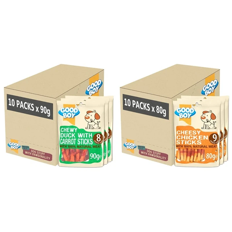 Good Boy - Chewy Duck With Carrot Sticks - Dog Treats, Case of 10 & Cheesy Chicken Sticks - Dog Treats - Made With 100% Natural Chicken Breast Meat - 80 Grams ℮ - Low Fat Dog Treats - Case of 10