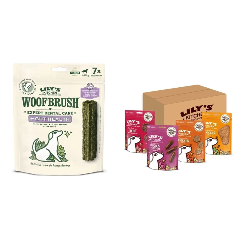 Lily's Kitchen Woofbrush Dental Chew with Gut Health - Natural Dental Sticks for Medium Dogs, 196 g (Pack of 5) & Natural Dog Treats Multipack (8 x 70 g), 0.68 Kg - Image 1