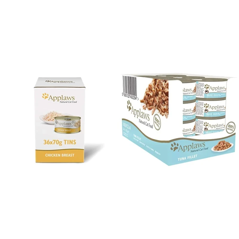 Applaws 100% Natural Wet Cat food, Chicken Breast in Broth, Bulk Pack 36 x 70g Tins & 100% Natural Wet Cat Food 70g Tuna Fillet 24 x 70g Tins