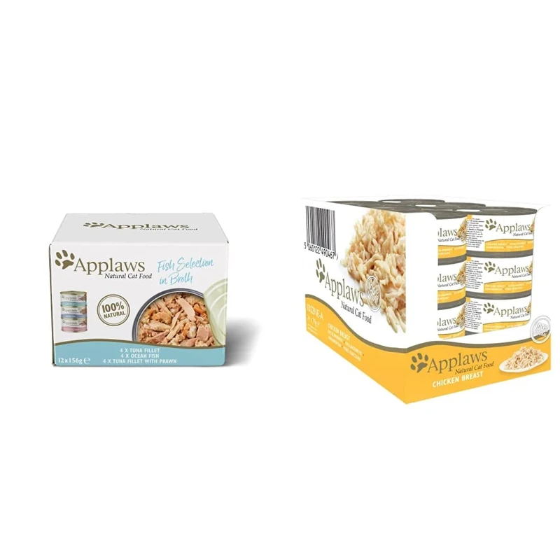 Applaws 100% Natural Wet Cat Food, Multipack Fish Selection in Broth 156 g Tin (Pack of 12) & 100% Natural Wet Cat Food, Chicken Breast in Broth 70 g Tin, 24 x 70 g Tins