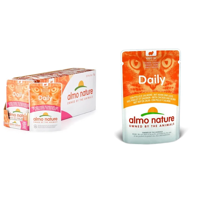 Almo Nature Daily Adult Cat Complete No Gluten Wet Food with Tuna and Salmon - (Pack of 30 x 70g Pouches) & Daily Cat Food with Chicken and Salmon, 70 g, Pack of 30