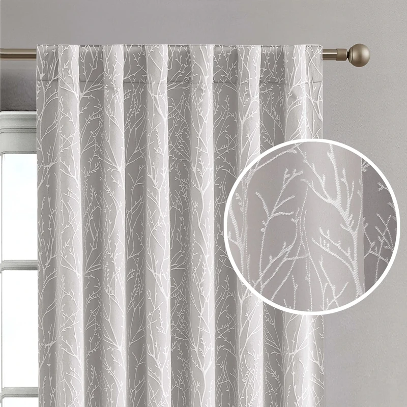 Creative Home Ideas Blackout Curtains (2 Panels, 50"x 108", Warm Grey) Room Darkening Thermal Insulated Curtains with 2 Tiebacks - Collins Window Curtains for Bedroom, Living Room - Branch Pattern