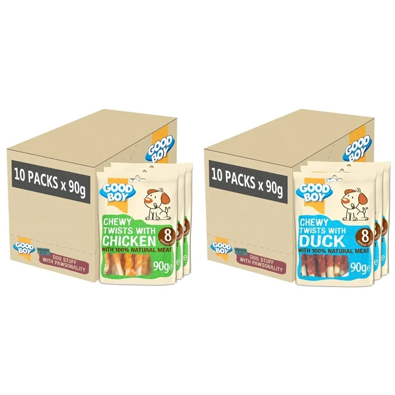 Good Boy - Chewy Twists with Chicken - Dog Treats - Case of 10 & Chewy Twists with Duck - Dog Treats - Made with 100% Natural Duck Breast Meat - 90 g ℮ - Gluten Free Dog Treats - Case of 10