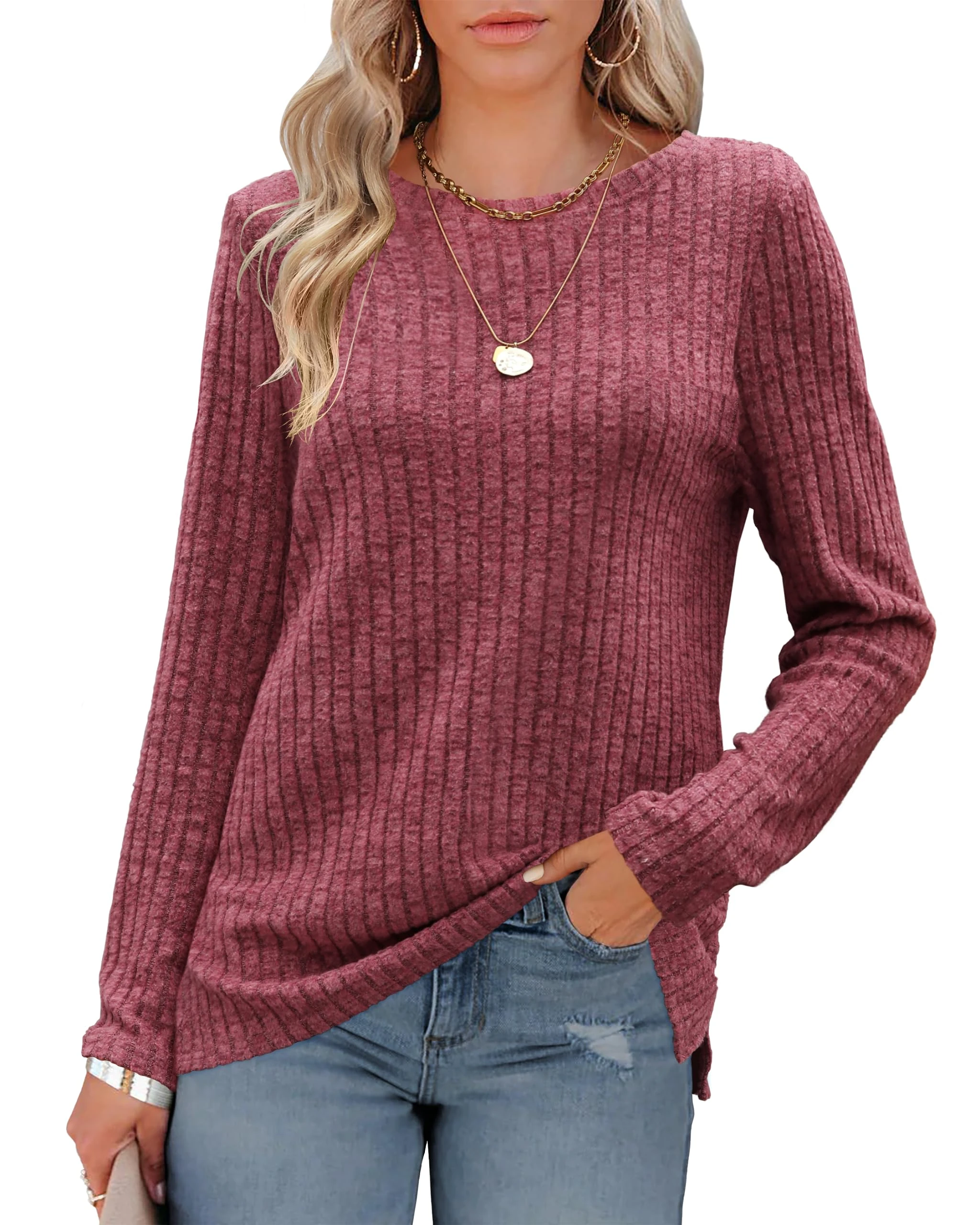 Odosalii Women's Tops Long Sleeve Winter Crew Neck Jumpers Plain Side Split Shirts Comfy Striped Sweatshirts Casual Tunic Top Burgundy Holiday Valentine's Day Shirts Large