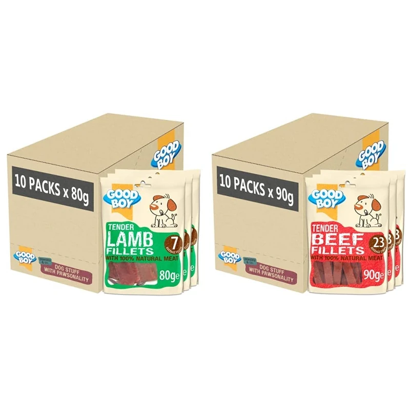 Good Boy - Tender Lamb Fillets - Dog Treats - Made with Natural Lamb Meat - 80 g ℮ - Case of 10 & Tender Beef Fillets - Dog Treats - Made with 100% Natural Beef - 90 g ℮ - Case of 10
