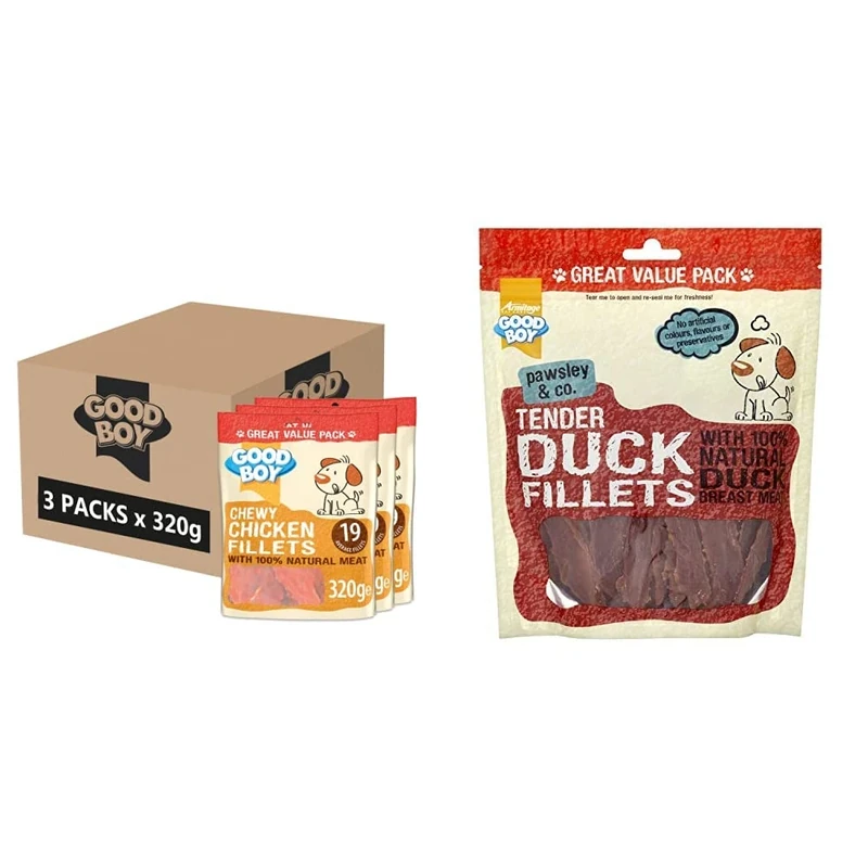 Good Boy - Chewy Chicken Fillets - Dog Treats (Case of 3) & Tender Duck Fillets - Dog Treats - Made With 100% Natural Duck Breast Meat - 320 Grams - Low Fat Dog Treats (Case of 3)