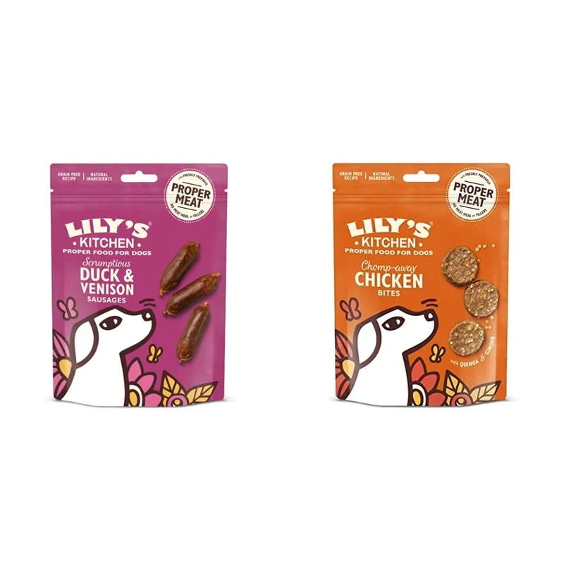 Lily's Kitchen Scrumptious Duck and Venison Sausages Dog Treat (8 x 70 g) & Dog Treats Chomp-Away Chicken Bites (8 x 70 g)