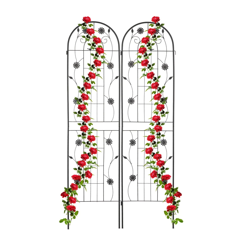 Relaxdays Garden Trellis, Set of 2, HxW 200 x 50 cm, Metal, Support for Climbing Plants, Ground Stake, Rose Frame, Black