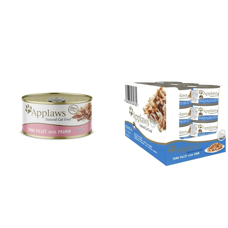 Applaws 100% Natural Wet Cat Food, Tuna Fillet with Prawn in Broth for Adult Cats (Pack of 24 x 70g Tins) & 100% Natural Wet Cat Food, Tuna with Crab, 70g (Pack of 24) - Image 1