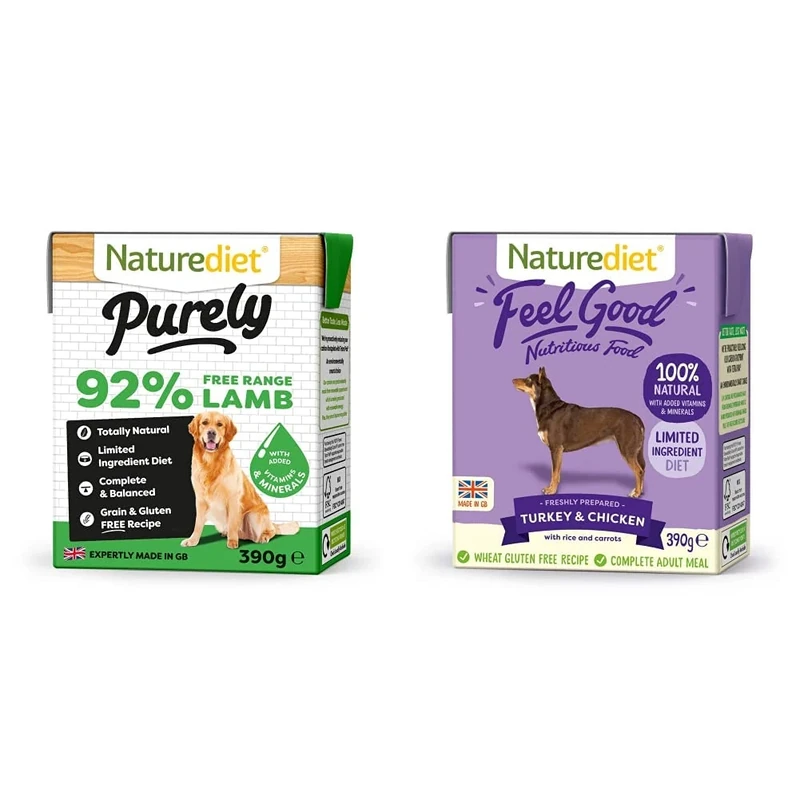 Naturediet - Purely, Complete Wet Food, Lamb, 390g (Pack of 18) and Naturediet - Feel Good Wet Dog Food, Natural and Nutritionally Balanced, Turkey & Chicken, 390g (Pack of 18)